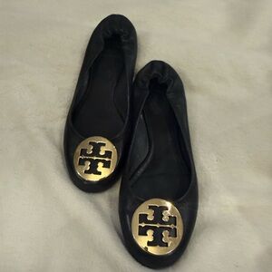 Tory Burch Black Flats with Gold Emblem